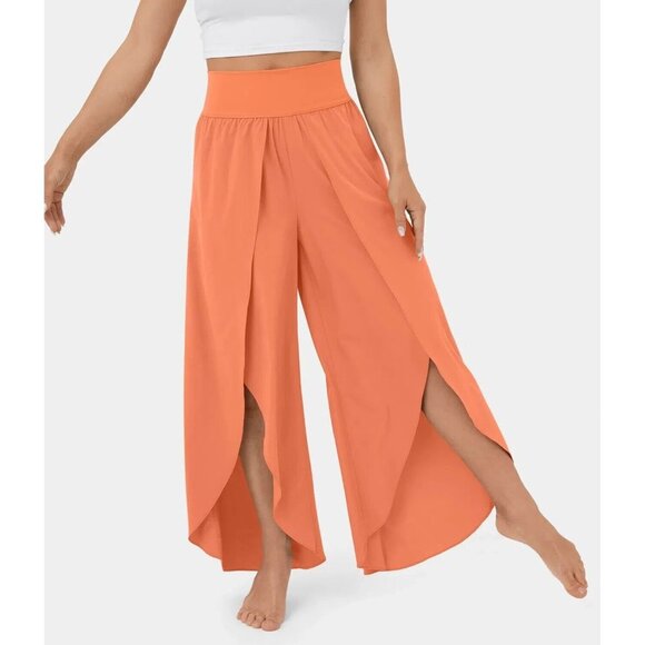 Halara High Waisted Back Pocket Palazzo Flowy Split Wide Leg Casual Blush Orange - Picture 1 of 7